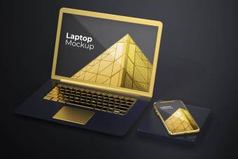 موکاپ لپ تاپ " Golden Laptop mockup premium