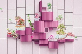 طرح پوستر پشت تلویزیون سه بعدی دکور  چوبی صورتی گلدان  لایه باز