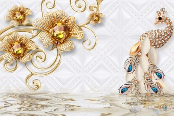 طرح پوستر پشت تلویزیون کاغذ دیواری  طاووس و گلهای طلایی