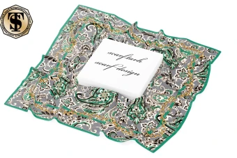 دانلود طرح روسری ترنجی آماده چاپ دیجیتال طوسی و سبز با حاشیه ی کمربندی و زنجیری مارپیچی و زیبا