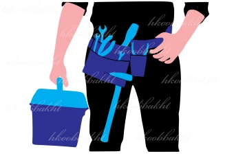 دانلود طرح وکتور مرد تعمیرکار با کمربندی از ابزار و جعبه ابزار جهت طراحی تراکت تاسیسات