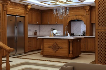 صحنه آماده مدلسازی آشپزخانه کابینت کلاسیک و نشیمن