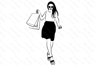 دانلود طرح وکتور خانم جوان با موهای بلند و صندل و در حال راه رفتن همراه با پاکت های خرید