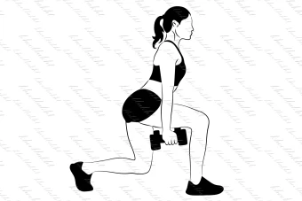 دانلود طرح وکتور دختر بدنساز در حالیکه روی زانوی خود قرار گرفته و دمبل می زند جهت طراحی تراکت تبلیغاتی باشگاه بدنسازی بانوان