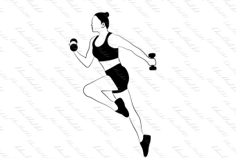دانلود طرح وکتور زن قدرتمند در حال پریدن و در حالیکه دمبل در دست دارد جهت طراحی طراحان