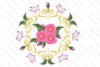 دانلود طرح وکتور گل های صورتی همراه با قلب های زرد و غنچه ها و پروانه های نیمرخ صورتی جهت طراحی آرتیست ها و چاپ دیجیتال