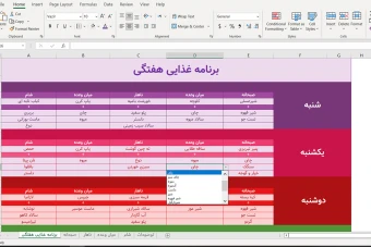 فایل اکسل برنامه غذایی هفتگی و رژیم غذایی