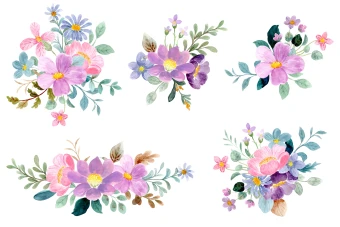 مجموعه فایل لایه باز طرح گل آرایی سبز بنفش با آبرنگ