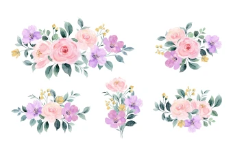 مجموعه گل آرایی صورتی و زرد با آبرنگ لایه باز و قابل ویرایش