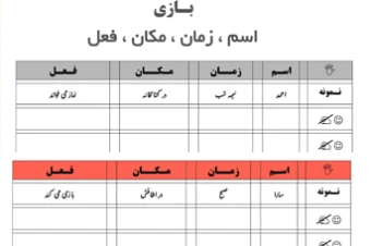 کاربرگ بازی کمک آموزشی (اسم،زمان،مکان،فعل) دوم و سوم دبستان و بالاتر