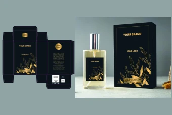 قالب لایه باز طرح بسته بندی عطر به حجم 100 میل - قابل ویرایش و شخصی سازی - مناسب شیشه عطر 100 میل - آماده چاپ