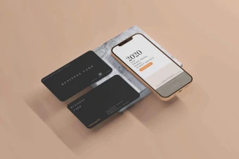 موکاپ کارت ویزیت در کنار موبایل دورو دورگرد