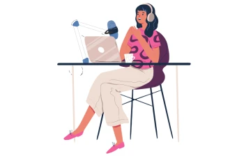 تصویر وکتور زن کنار کامپیوتر با هدفون، SVG vector