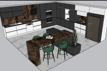 فایل اسکچاپ آشپزخانه مدرن با کانتر صبحانه خوری جزیره