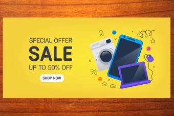 قالب لایه باز بنر افقی حراج و فروش فروشگاه موبایل و لوازم خانگی  شماره 3