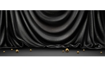 طرح لایه باز پرده بزرگ سیاه رنگ همراه با تزیین توپ های طلایی