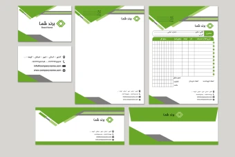 دانلود طرح لایه باز ست اداری سبز و طوسی متشکل از مثلث ها و اشکال هندسی