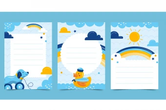 طرح لایه باز برگه یادداشت کودکانه با تم آبی و اسباب‌بازی