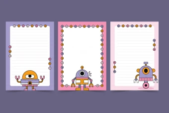 طرح لایه باز برگه یادداشت‌های فانتزی ربات‌های دوست‌داشتنی (EPS، AI، JPG) - دنیای جذاب تکنولوژی و تخیل