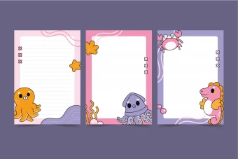 طرح لایه باز برگه یادداشت‌های فانتزی موجودات دریایی (EPS، AI، JPG) - سفری به اعماق اقیانوس