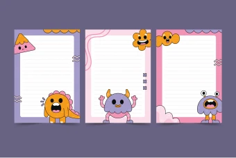 طرح لایه باز برگه یادداشت‌های فانتزی هیولاهای بامزه (EPS، AI، JPG) - دنیای رنگارنگ موجودات خیالی