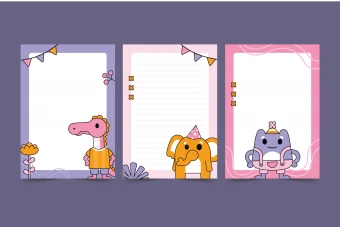 طرح لایه باز برگه یادداشت‌ و کارت تبریک تولد فانتزی (EPS، AI، JPG) - جشن‌های شاد و رنگارنگ