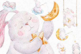 مجموعه ۷ تصویر خرگوش کارتونی آبرنگی با تم ماه و ستاره – فایل PNG با کیفیت بالا