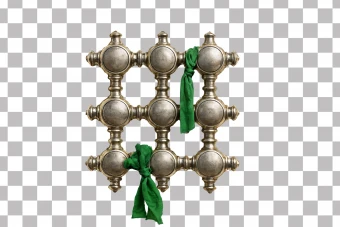 تصویر PNG ضریح فلزی با پارچه‌های نذری سبز – بدون پس‌زمینه و با کیفیت بالا