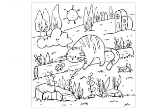 دانلود طرح رنگ‌آمیزی کودکانه گربه و طبیعت | فایل قابل چاپ برای سرگرمی کودکان