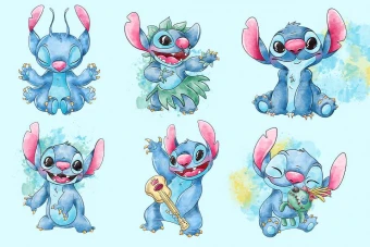 فایل لایه‌باز کاراکتر استیچ دیزنی در ۶ حالت مختلف + ۲ بک‌گراند واترکالر | کیفیت بالا