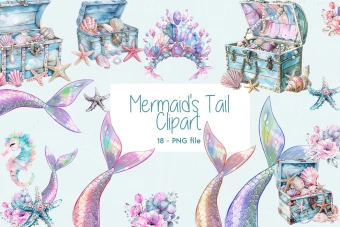 کلپ‌آرت پری دریایی – ۱۸ فایل PNG با کیفیت بالا و پس‌زمینه شفاف | طرح دم پری دریایی