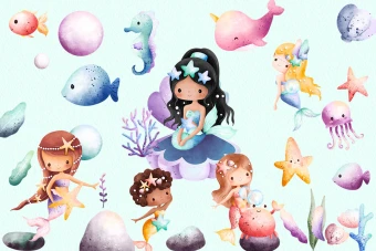 مجموعه کلیپ‌آرت پری دریایی و موجودات دریایی کودکانه