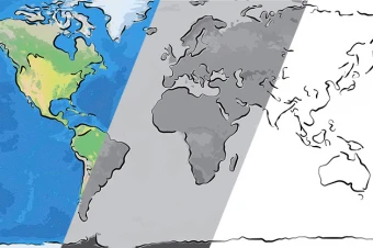 نقشه مینیمال و ساده شده کره زمین در سه لایه: رنگی، سیاه و سفید و خطی