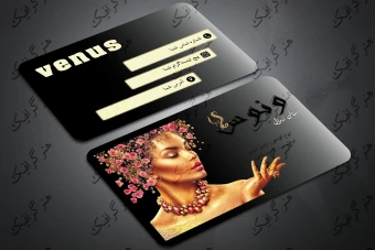 کارت ویزیت طرح زمینه مشکی و طوسی با طرح عکس خانم برای آرایشگاه زنانه ونوس