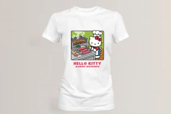 طرح دخترانه لایه باز هلو کیتی در حال درست کردن کوبیده برای چاپ تیشرت