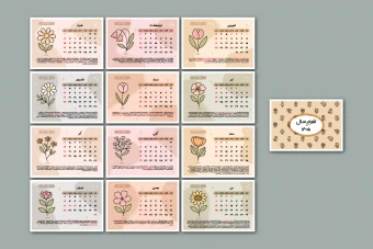 پک لایه‌باز تقویم رومیزی ۱۴۰۵ گل‌دار مینیمال | مجموعه ۱۲ ماهه با تصویرسازی فانتزی پاستلی