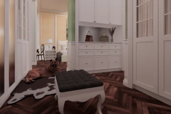صحنه آماده اتاق خواب با کلوزت روم ونشیمن در اسکچاپ